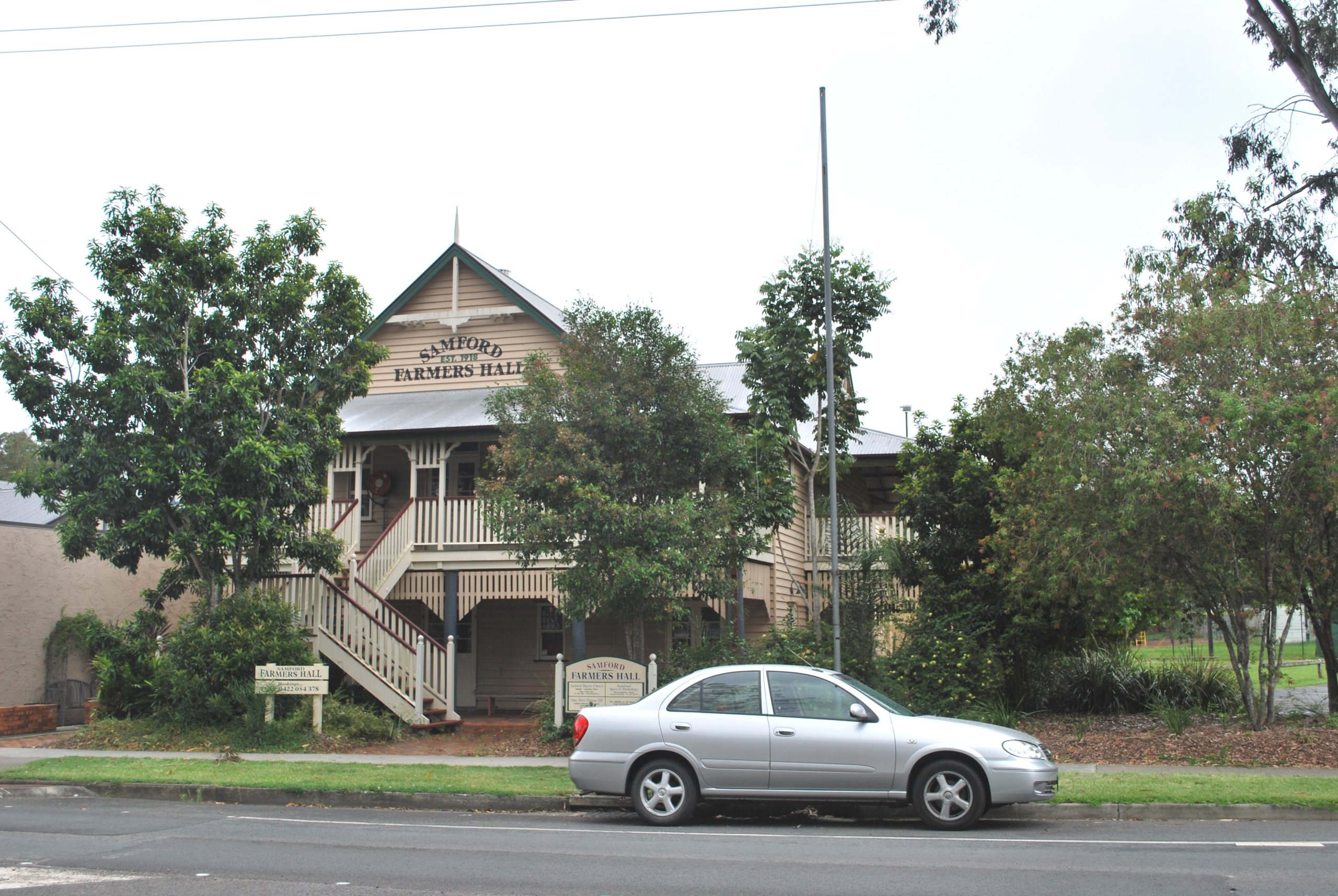 Samford Farmers Hall exterior with timber verandah and staircase